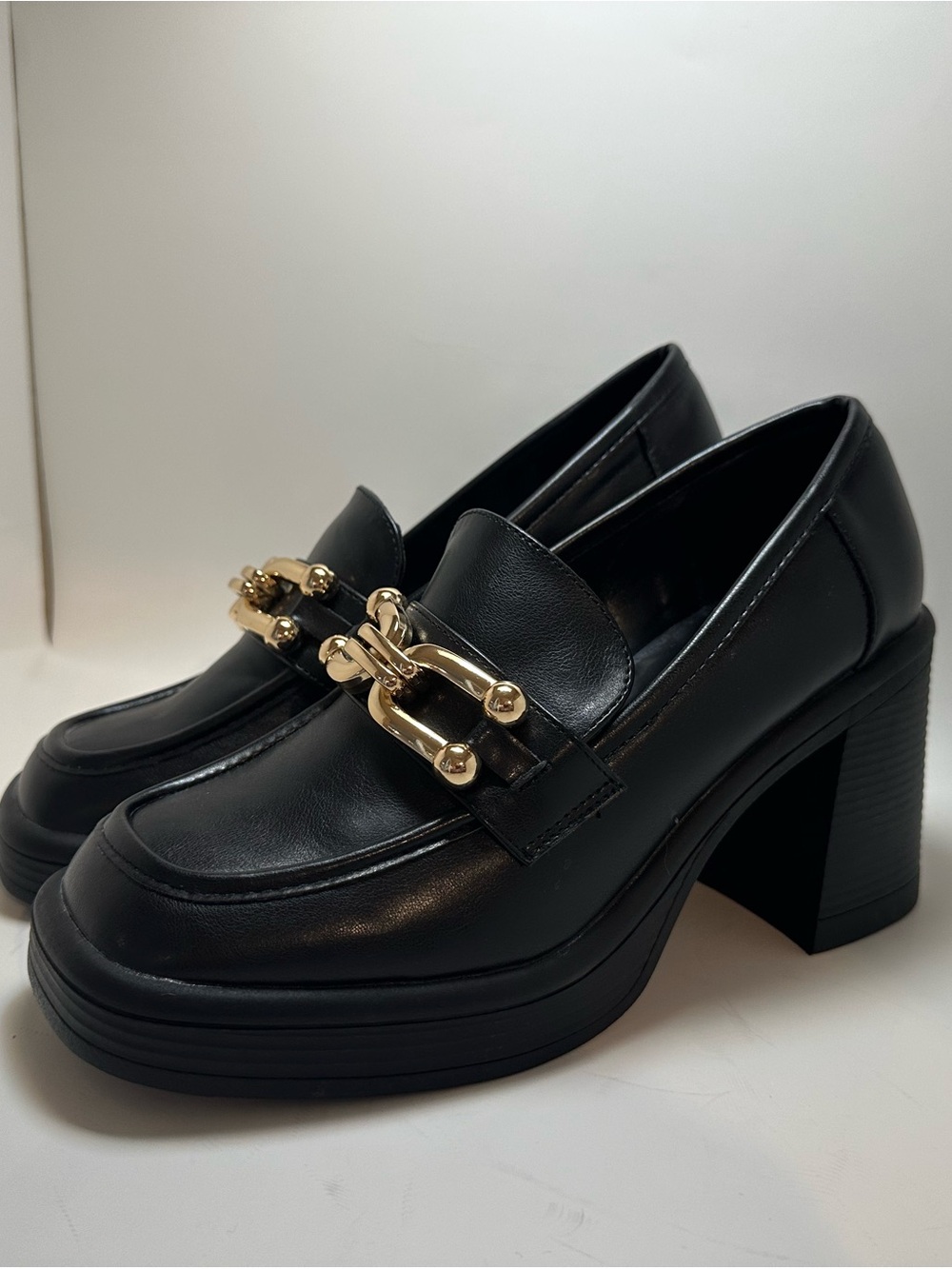 JustFab Chunky Heel Black Loafers with Gold Chain Accent